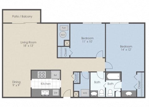 Floor plan for 2 beds, 1.5 baths, 1100 sqft
